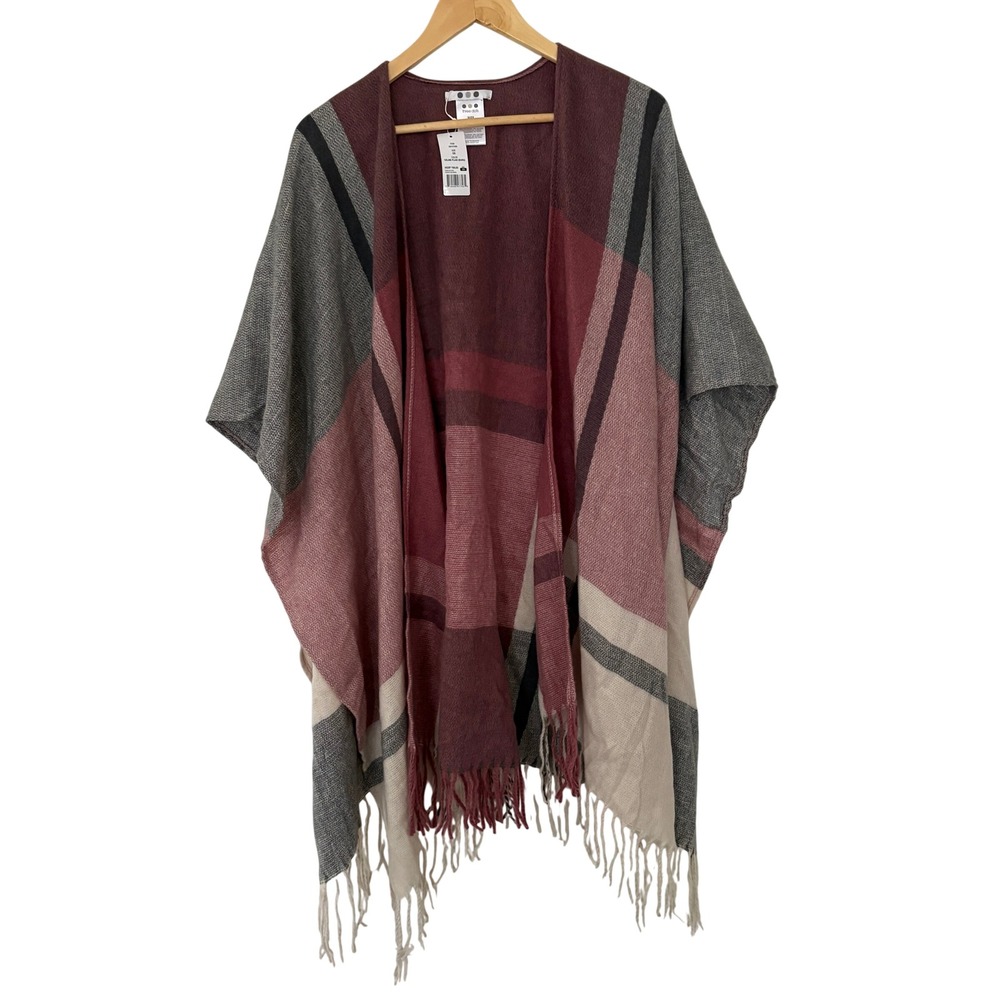 Chunky Knit Plaid Poncho Wrap Fringe Berry Grey Cream Three Dot One Size